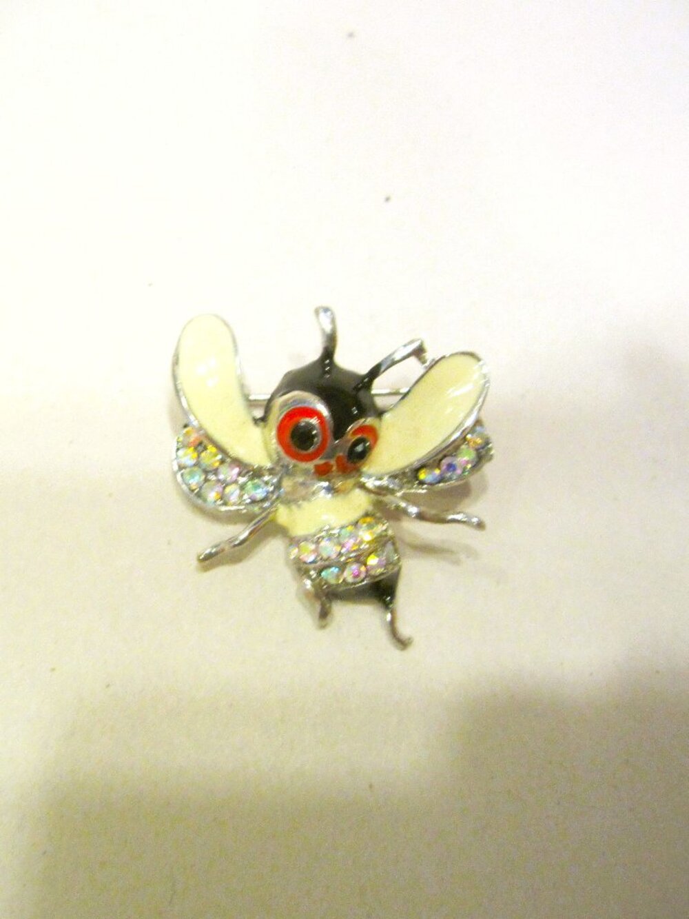 VTG BEE BROOCH/PIN, SILVER METAL W/ENAMEL & RHINESTONES